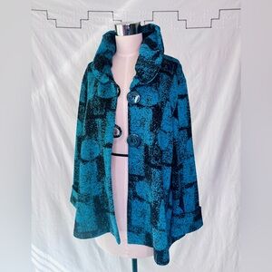 Vintage Yushi Avant Garde Turquoise and Black Abstract Women's Coat L